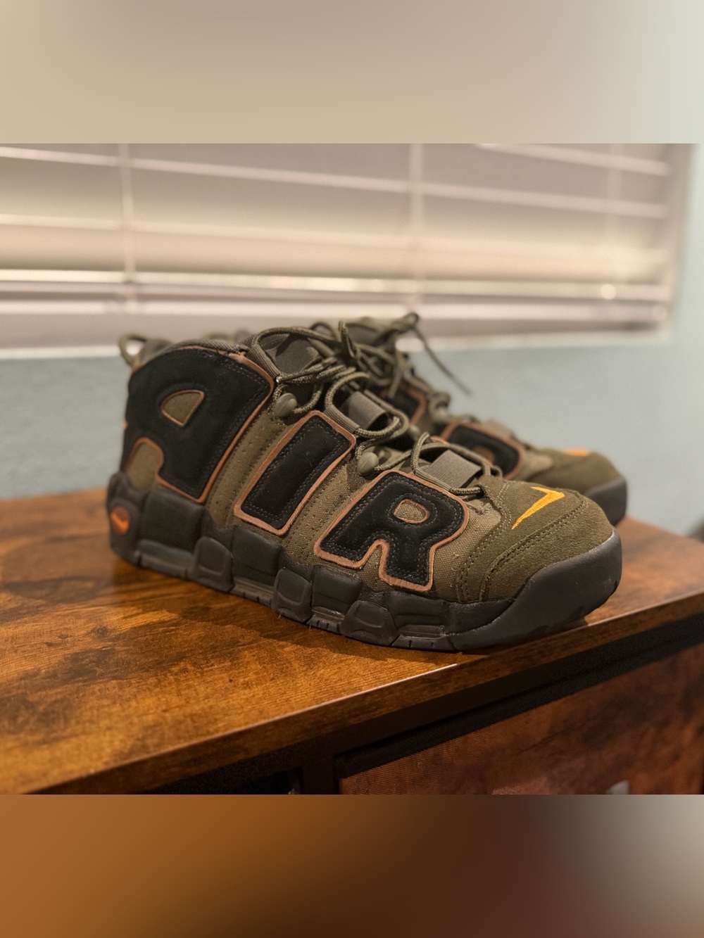Nike Uptempo Olive Green and Black with Orange Accent